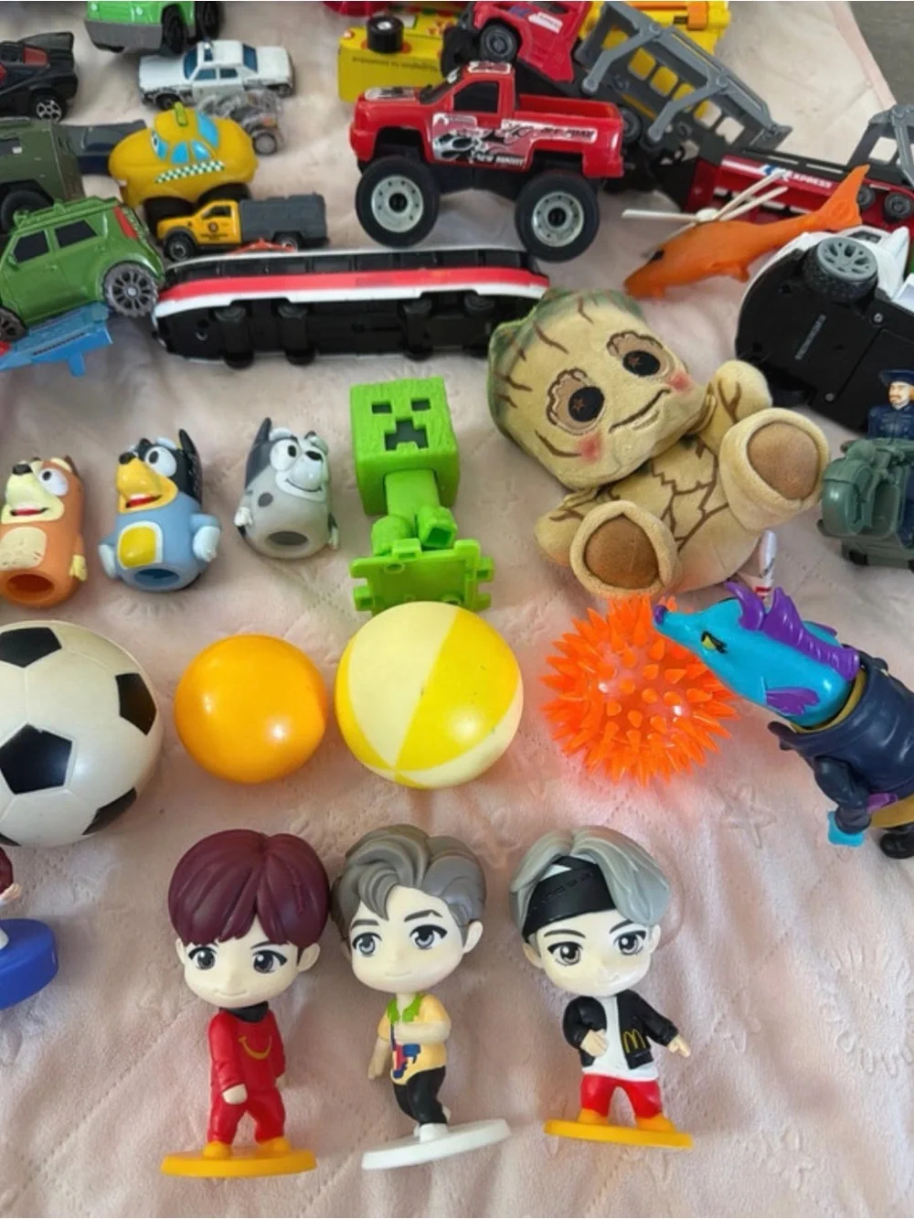 Kids cars, trucks, balls, action figures toy bundle